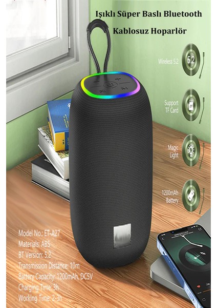 Yeni Tasarım 2024 Rgb Işıklı Süper Baslı Bluetooth Kablosuz Hoparlör - Siyah