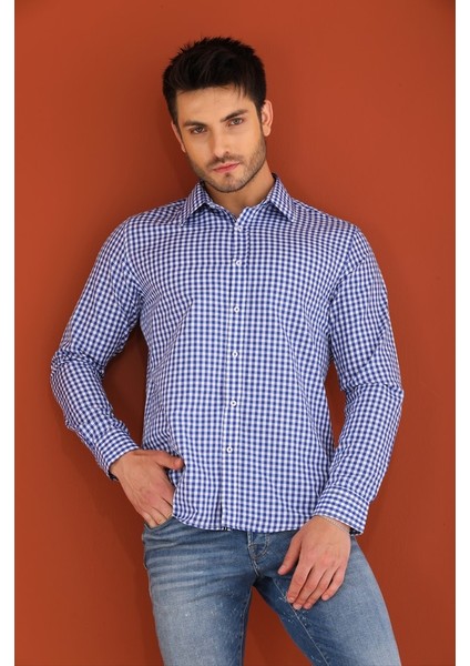 Açık Mavi Ekose Kareli Regular Erkek Gömlek