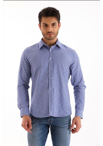 Açık Mavi Ekose Kareli Regular Erkek Gömlek fiyatları