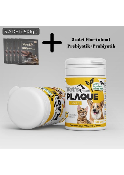 Plaqueclean Kedi Köpek Ağız Bakım Ürünü 50G + 5 Adet Floranimal Prebiyotik+Probiyotik