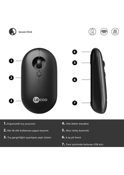 Kablosuz 1600DPI 4 Tuşlu Sessiz PC, Mac, Dizüstü Bilgisayar için, USB Mini Alıcı ile Optik Mouse Siyah indirimleri