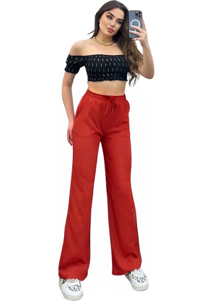 Kadın Beli Lastikli Yazlık Bürümcük Palazzo Pantolon