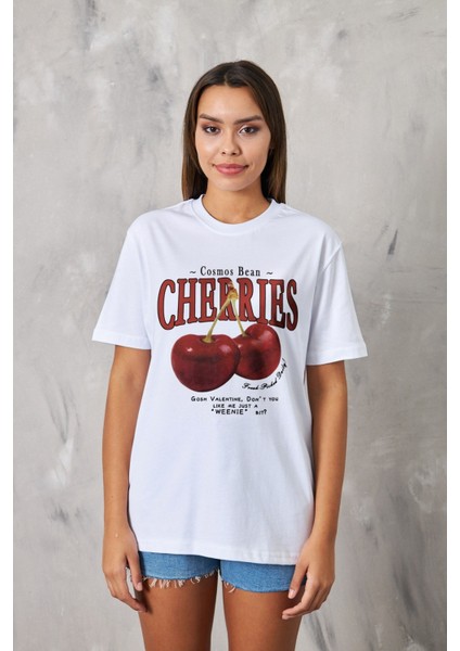 Cherries Yazılı Kiraz Tasarım Baskılı Beyaz Kadın T-Shirt fiyatları