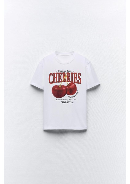 Cherries Yazılı Kiraz Tasarım Baskılı Beyaz Kadın T-Shirt fırsatları