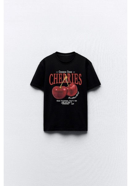 Cherries Yazılı Kiraz Tasarım Baskılı Siyah Kadın T-Shirt