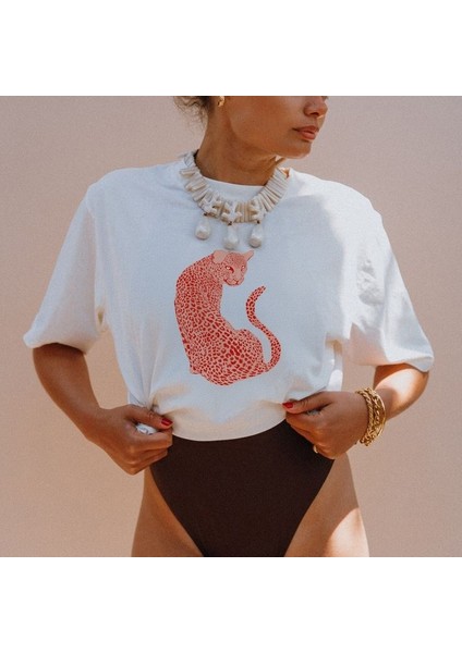 Leopar Tasarım Baskılı Beyaz Kadın T-Shirt