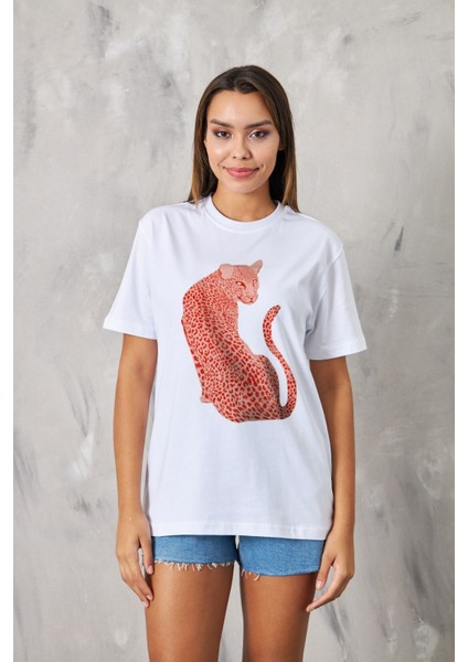 Leopar Tasarım Baskılı Beyaz Kadın T-Shirt fiyatları