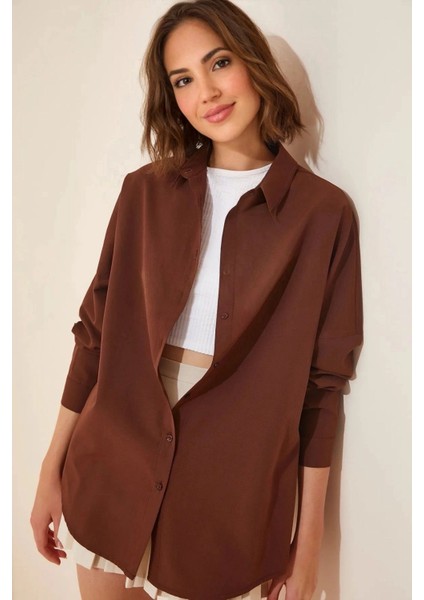 Kadın Kahverengi Oversize Uzun Basic Gömlek HZL22W-BD139001
