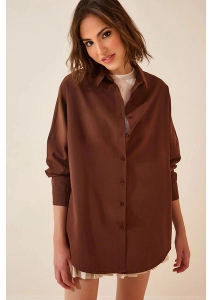 Kadın Kahverengi Oversize Uzun Basic Gömlek HZL22W-BD139001 modelleri