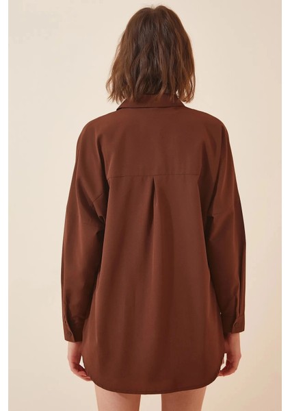 Kadın Kahverengi Oversize Uzun Basic Gömlek HZL22W-BD139001 fırsatları