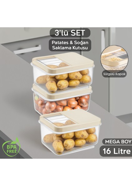 3'lü 16 Litre Sürgülü Kapak Sebzelik, Patates Soğan Sebze Saklama Kabı, Erzak Saklama Kabı-Krem