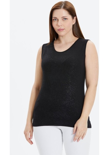 Büyük Beden Önü Sim Varaklı Kolsuz Penye Bluz