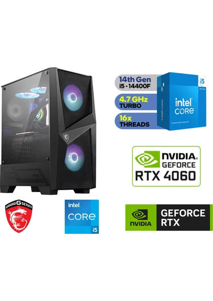 Msı Gaming Pc Ddr5 / 8 GB RTX-4060 / 14.nesil İ5-14400F / 32 GB Ddr5 Ram / 1 Tb M.2 SSD / WİN11 Pro