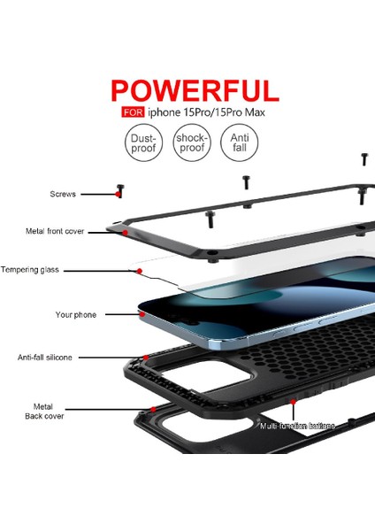 Iphone 15 Için Kılıf Pro Ağır Darbeye Dayanıklı Alüminyum Alaşım Metal Kasa 360 (Yurt Dışından)