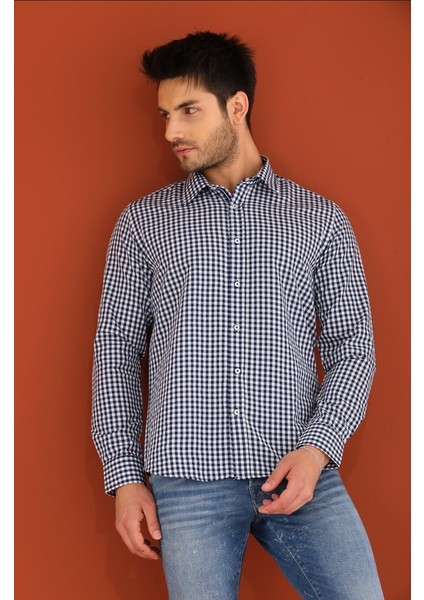 Lacivert Ekose Kareli Regular Erkek Gömlek