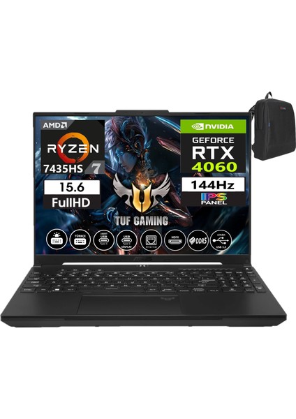 Tuf Gaming A15 FA507NVR-LP0050 Ryzen 7 7435HS 96GB Ddr5 Ram 512GB SSD Freedos 15.6 Inç Fhd 144Hz 8GB/RTX4060 140W Taşınabilir Bilgisayar FA507NVR-LP005013+ÇANTA