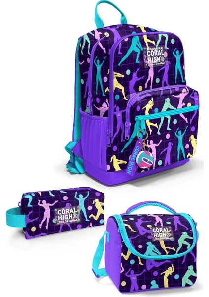 Mor Voleybol Temalı Okul Çanta Seti 3 Parça Su Geçirmeyen 18 Litre Kapasite