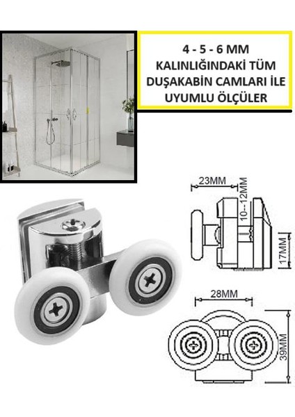 1 Adet Üst Duşakabin Tekerleği Üst Cam Rulman Krom Teker 23 mm