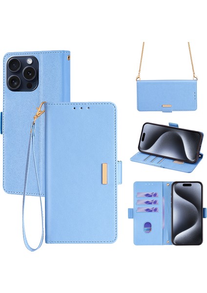 iPhone 15 Pro Için Deri Kılıf Rfıd Engelleme Koruyucu Cüzdan Telefon Kapağı-Mavi (Yurt Dışından)