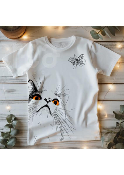 Crea Eymer Wear Kedi Kelebek Baskılı %100 Pamuk Premium Beyaz Tişört