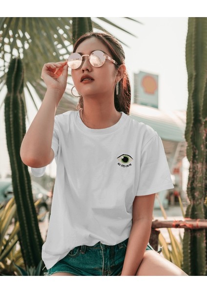 All Eyes On Me Tasarım Relaxed Fit Kadın Ön-Arka Baskılı Tişört modelleri