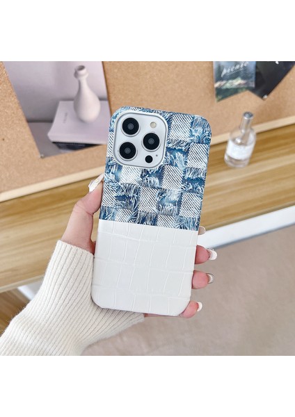 iPhone 15 Pro Için Kapak Denim Timsah Doku Ekleme Anti-Damla Pu Deri + Pc Telefon Kılıfı-Beyaz (Yurt Dışından)