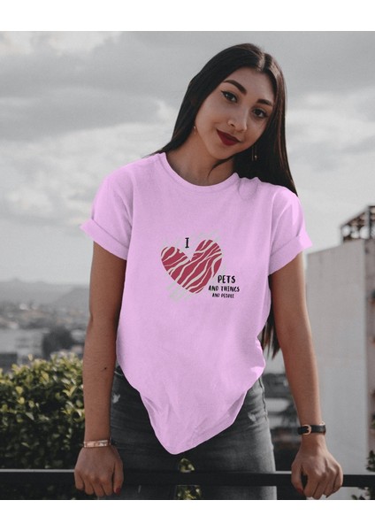I Love Pets Tasarım Relaxed Fit Kadın Önü Baskılı Tişört modelleri