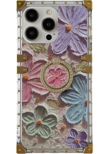 iPhone 15 Pro Kılıf Için Şık Çiçek Desenli Yüzük Kickstand Tpu+Pc Telefon Kapağı-Çok Renkli (Yurt Dışından)