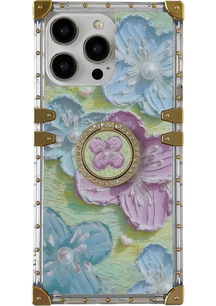 iPhone 15 Pro Kılıf Için Şık Çiçek Desenli Yüzük Kickstand Tpu+Pc Telefon Kapağı-Pembe+Mavi (Yurt Dışından)