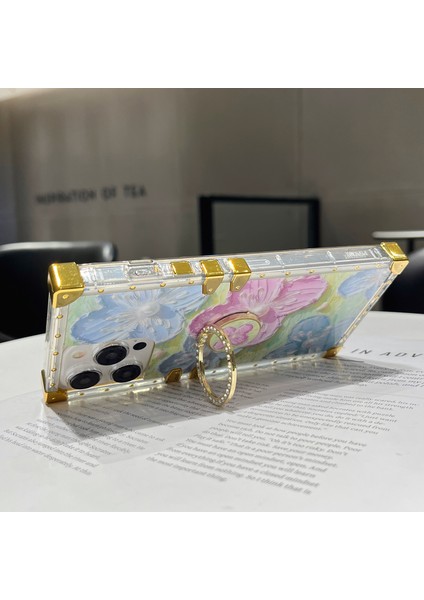 iPhone 15 Pro Kılıf Için Şık Çiçek Desenli Yüzük Kickstand Tpu+Pc Telefon Kapağı-Pembe+Mavi (Yurt Dışından) fiyatları