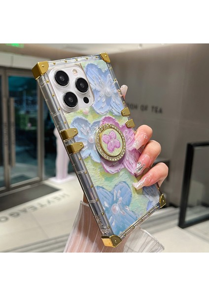 iPhone 15 Pro Kılıf Için Şık Çiçek Desenli Yüzük Kickstand Tpu+Pc Telefon Kapağı-Pembe+Mavi (Yurt Dışından) indirimleri
