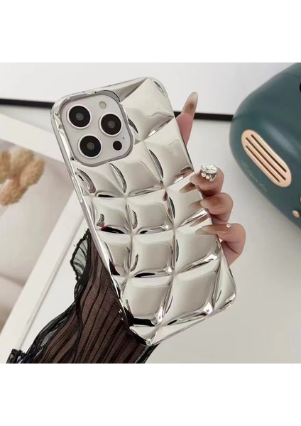 iPhone 15 Pro Için Tpu Telefon Kılıfı Eşkenar Dörtgen Izgara Desenli Galvanik Koruyucu Kapak-Gümüş (Yurt Dışından)
