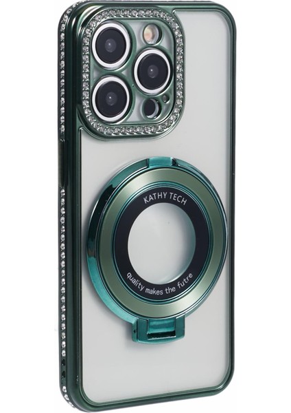 iPhone 12 Pro Max Için Tpu Kılıf Rhinestones Lens Çerçeve Halkası Kickstand Telefon Kapağı-Gece Yarısı Yeşili (Yurt Dışından) fiyatları