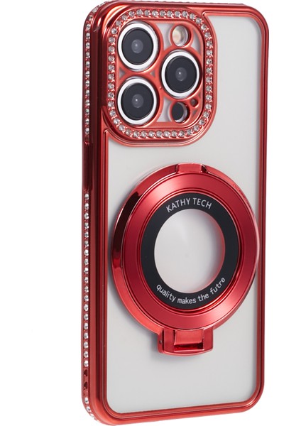 iPhone 12 Pro Max Için Tpu Kılıf Rhinestones Lens Çerçeve Halkası Kickstand Telefon Kapağı-Kırmızı (Yurt Dışından)