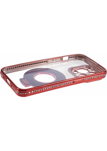 iPhone 12 Pro Max Için Tpu Kılıf Rhinestones Lens Çerçeve Halkası Kickstand Telefon Kapağı-Kırmızı (Yurt Dışından)