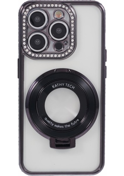 iPhone 12 Pro Max Için Tpu Kılıf Rhinestones Lens Çerçeve Halkası Kickstand Telefon Kapağı-Siyah (Yurt Dışından)