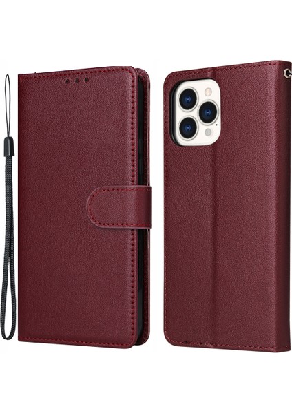 iPhone 13 Pro Için Kılıf Kart Yuvaları Cüzdan Pu Deri Folyo Flip Telefon Kapağı-Şarap Kırmızısı (Yurt Dışından)