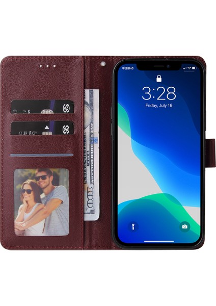iPhone 13 Pro Için Kılıf Kart Yuvaları Cüzdan Pu Deri Folyo Flip Telefon Kapağı-Şarap Kırmızısı (Yurt Dışından)