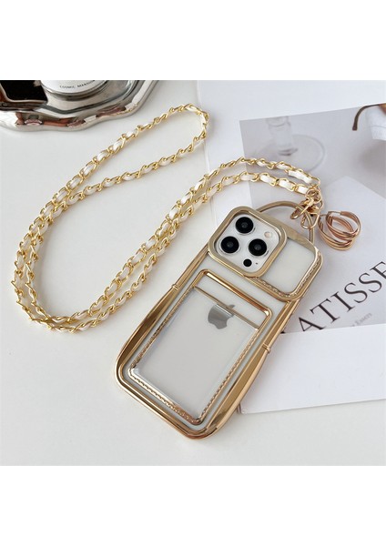 iPhone 13 Pro Max Için 6.7 Inç Telefon Kılıfı Temizle Tpu Elektroliz Kaplama Kart Tutucu Kabuk ile Crossbody Zinciri-Altın (Yurt Dışından)