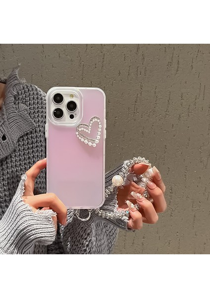 iPhone 14 Pro Kılıf Için Bilek Kayışı Lazer Etkisi Pc+Tpu Inciler Kalp Dekor Telefon Koruyucu-Şeffaf (Yurt Dışından) modelleri