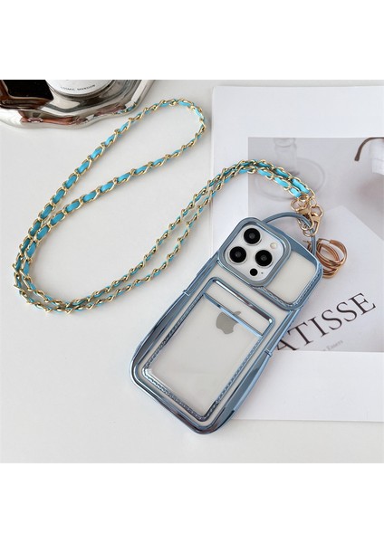 iPhone 13 Pro Max Için 6.7 Inç Telefon Kılıfı Şeffaf Tpu Elektroliz Kaplama Kart Tutucu Kabuk, Crossbody Zincirli-Mavi (Yurt Dışından)