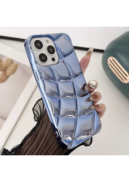 iPhone 15 Pro Max Için Elektro Kaplama Kılıf Eşkenar Dörtgen Izgara Esnek Tpu Telefon Kapağı-Mavi (Yurt Dışından)