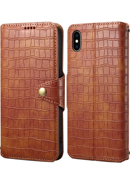 iPhone Xs Max Için Deri Kılıf Timsah Dokulu Telefon Kılıfı Cüzdan Standlı-Kahverengi (Yurt Dışından)