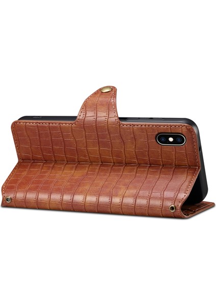 iPhone Xs Max Için Deri Kılıf Timsah Dokulu Telefon Kılıfı Cüzdan Standlı-Kahverengi (Yurt Dışından)