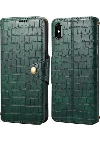 iPhone Xs Max Için Deri Kılıf Timsah Dokulu Telefon Kılıfı Cüzdan Standlı-Yeşil (Yurt Dışından)