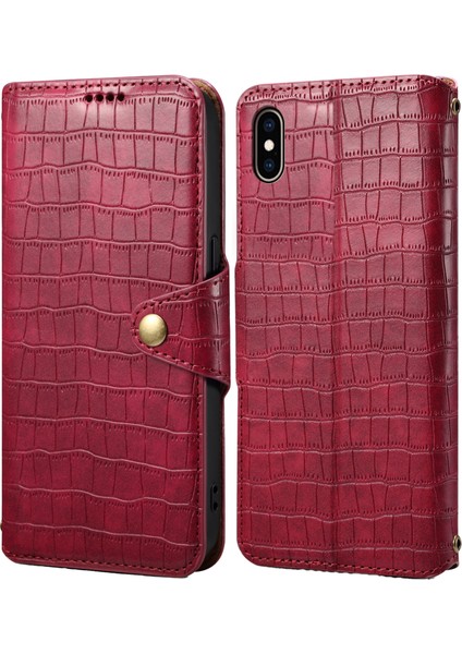 iPhone Xs Max Için Deri Kılıf Timsah Dokulu Telefon Kılıfı Cüzdan Standlı-Kırmızı (Yurt Dışından)