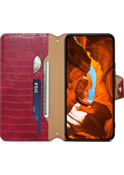 iPhone Xs Max Için Deri Kılıf Timsah Dokulu Telefon Kılıfı Cüzdan Standlı-Kırmızı (Yurt Dışından)
