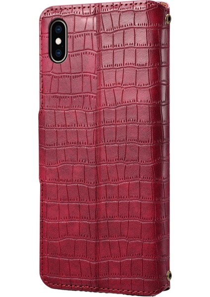 iPhone Xs Max Için Deri Kılıf Timsah Dokulu Telefon Kılıfı Cüzdan Standlı-Kırmızı (Yurt Dışından)
