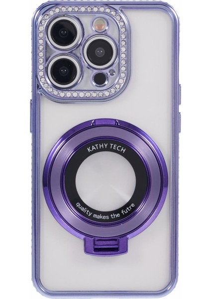 iPhone 14 Pro Max Için Rhinestones Dekor Yüzük Kickstand Tpu Telefon Kapağı-Koyu Mor (Yurt Dışından)