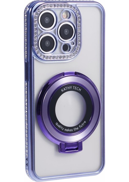 iPhone 14 Pro Max Için Rhinestones Dekor Yüzük Kickstand Tpu Telefon Kapağı-Koyu Mor (Yurt Dışından)